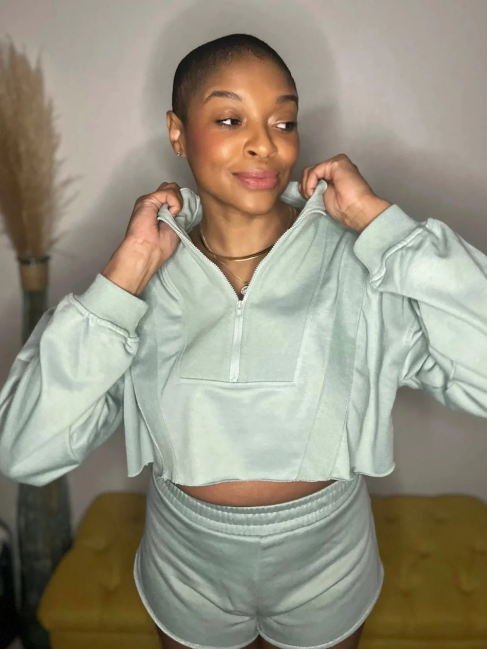 Crop Half-Zip Pullover Top & Shorts Set- Sage Green - Picture 2 of 2